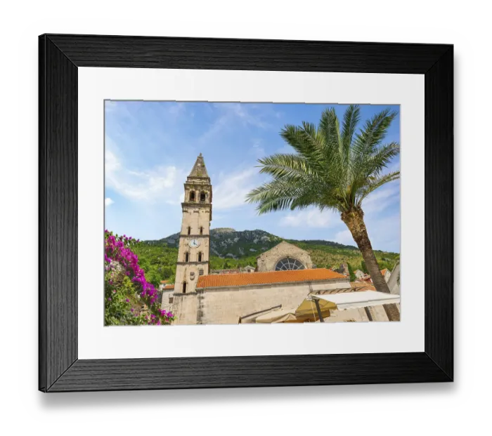 Framed Print : Famous belfry in mountains of Perast, Montenegro