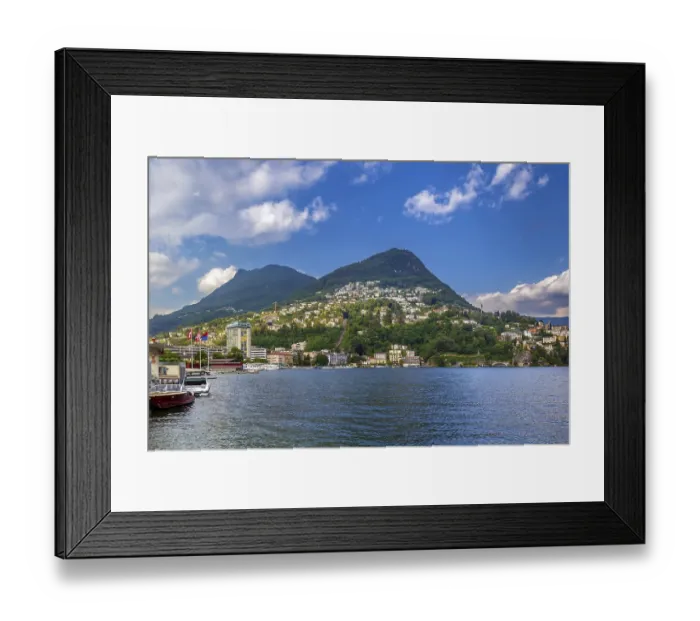 Framed Print : View of Lugano lake with Monte Bre mountain