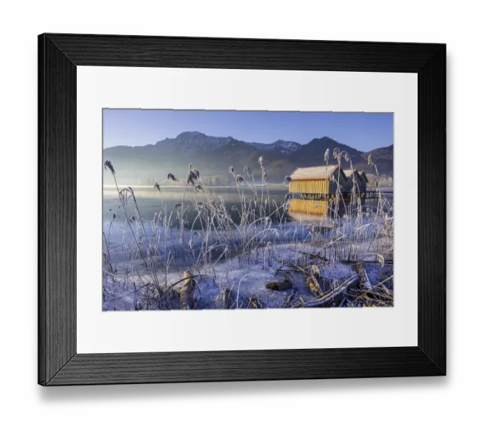 Framed Print : Boat huts, icy shore, lake, morning light