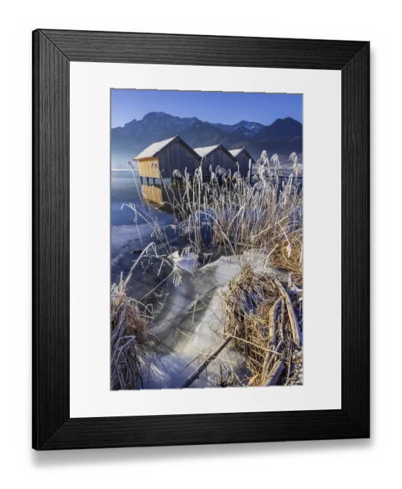 Framed Print : Boat huts, icy shore, lake, morning light