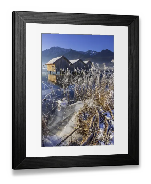 Framed Print : Boat huts, icy shore, lake, morning light Framed Print : Boat huts, icy shore, lake, morning light