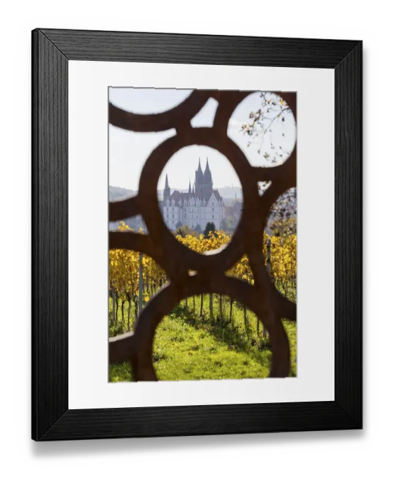 Framed Print : View of Albrechtsburg Castle with cathedral through the stele at the most beautiful wine view in Saxony Framed Print : View of Albrechtsburg Castle with cathedral through the stele at the most beautiful wine view in Saxony