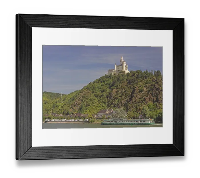 Framed Print : Medieval castle on a mountain, river and passenger ship