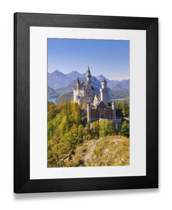 Framed Print : Neuschwanstein Castle surrounded by colourful autumn forests with a mountain panorama