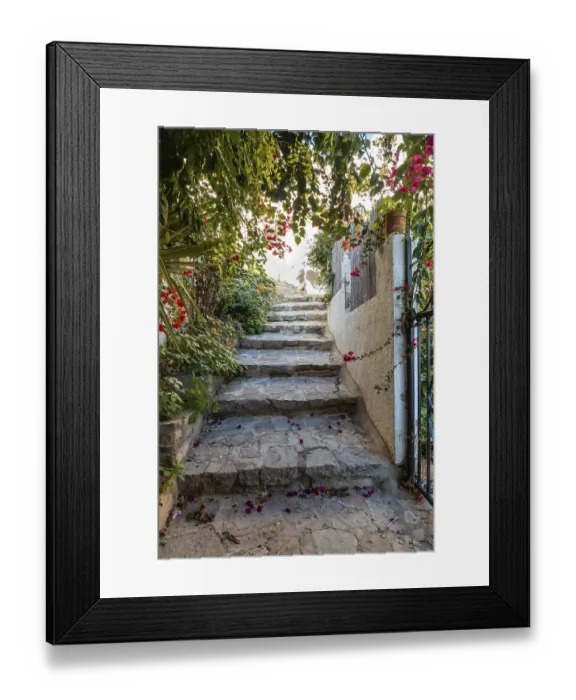 Framed Print : I walk between houses in Mojacar with white houses on top of the mountain