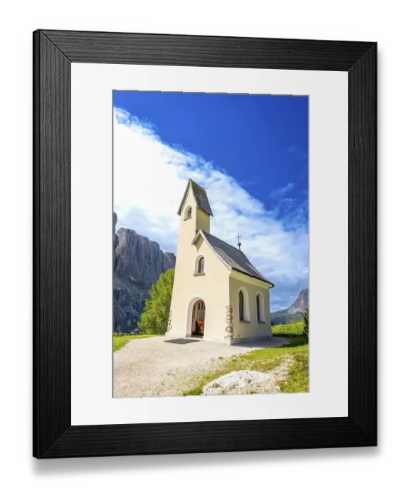 Framed Print : Small church with a bell tower near the gardena pass