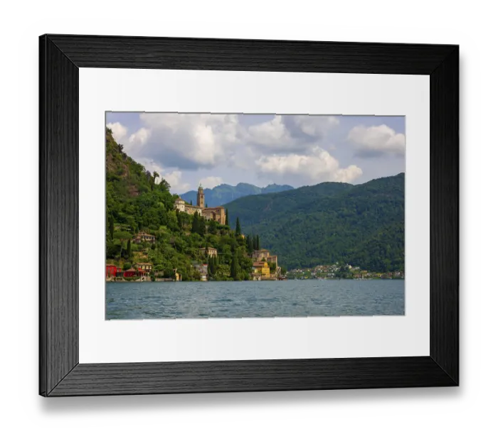 Framed Print : House and Mountain Range in a Sunny Summer Day on the Waterfront to Lake Lugano in Morcote