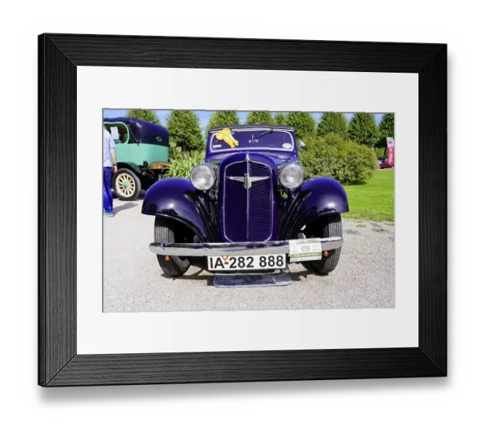 Framed Print : Front view of a blue classic car Framed Print : Front view of a blue classic car