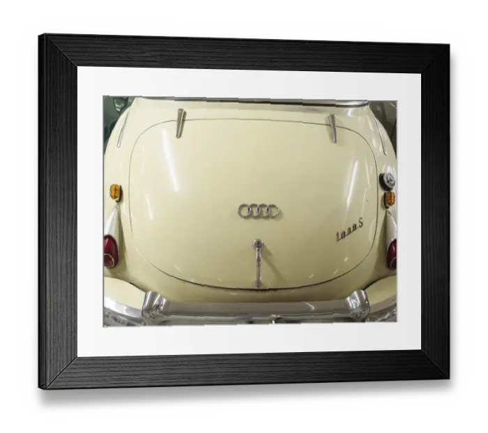 Framed Print : Rear view of a cream-coloured Audi classic car with chrome details and classic shapes