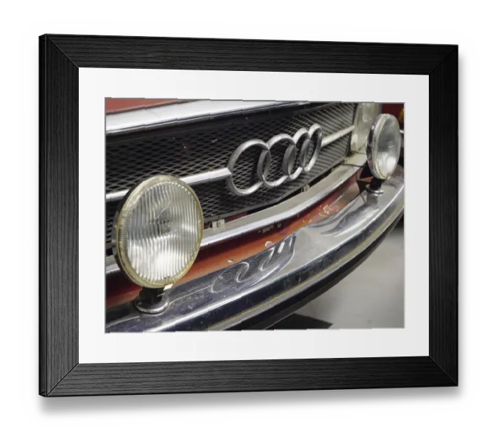 Framed Print : Front view of a red Audi classic car with radiator grille and chrome headlights Framed Print : Front view of a red Audi classic car with radiator grille and chrome headlights