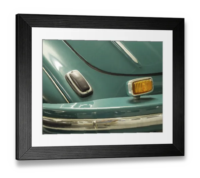 Framed Print : Close-up of a blue bumper of a classic car
