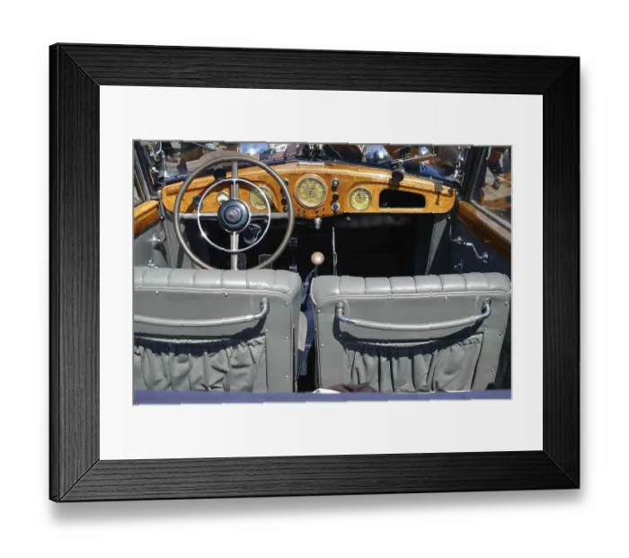 Framed Print : View of the interior of a vintage car with wooden elements and classic steering wheel Framed Print : View of the interior of a vintage car with wooden elements and classic steering wheel