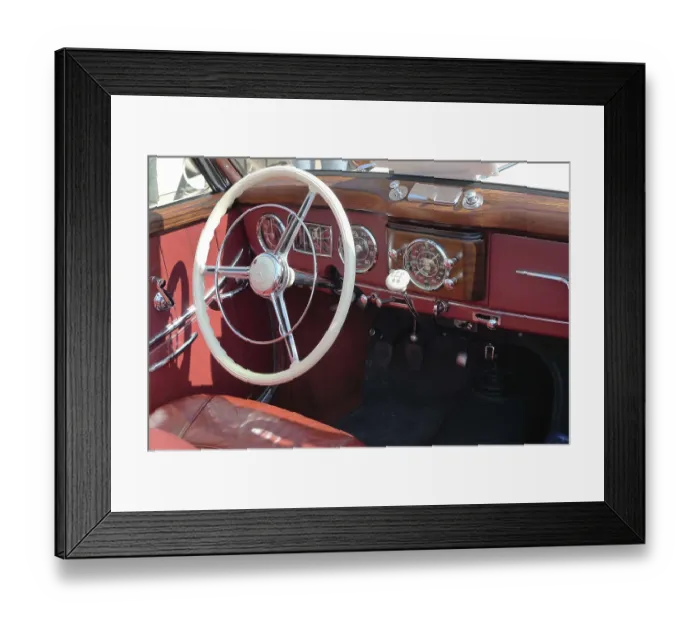 Framed Print : Interior view of a classic car with wooden details and retro dashboard