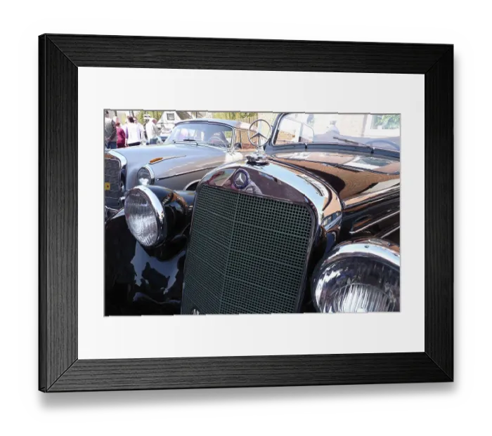 Framed Print : Black Mercedes classic car with shiny chrome and classic design