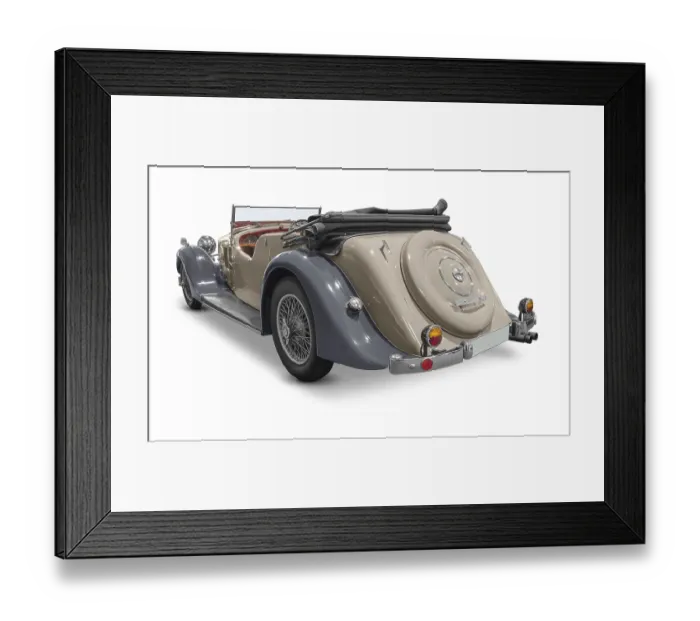 Framed Print : Rear view of a classic car isolated in white back with shadow