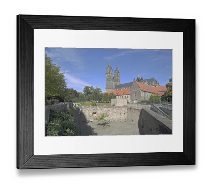 Framed Print : Medieval bastion Cleve with defence defence tower Cleve and Gothic Magdeburg Cathedral