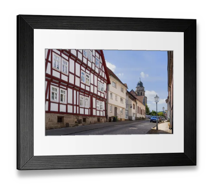 Framed Print : Half-timbered house facade, Protestant Church