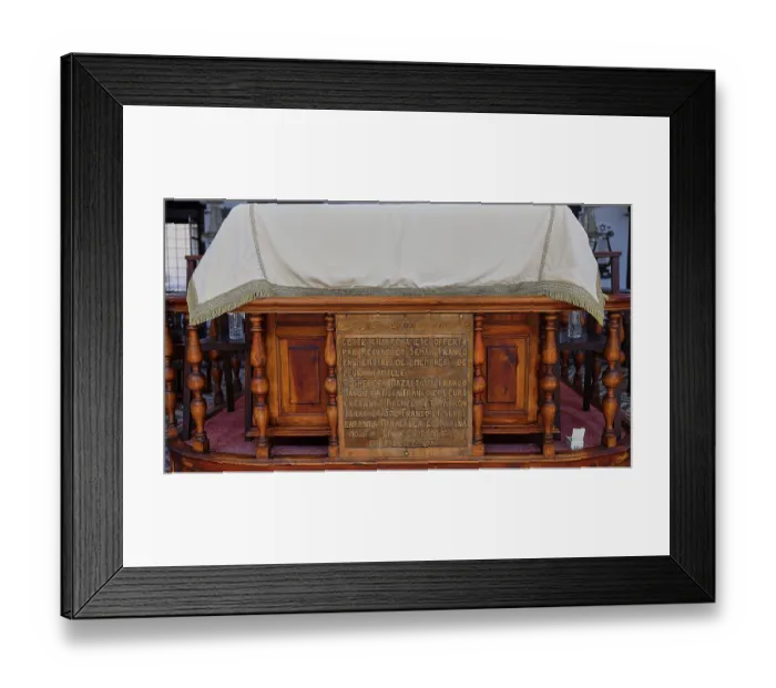 Framed Print : Ornate wooden construction with historical inscription Framed Print : Ornate wooden construction with historical inscription