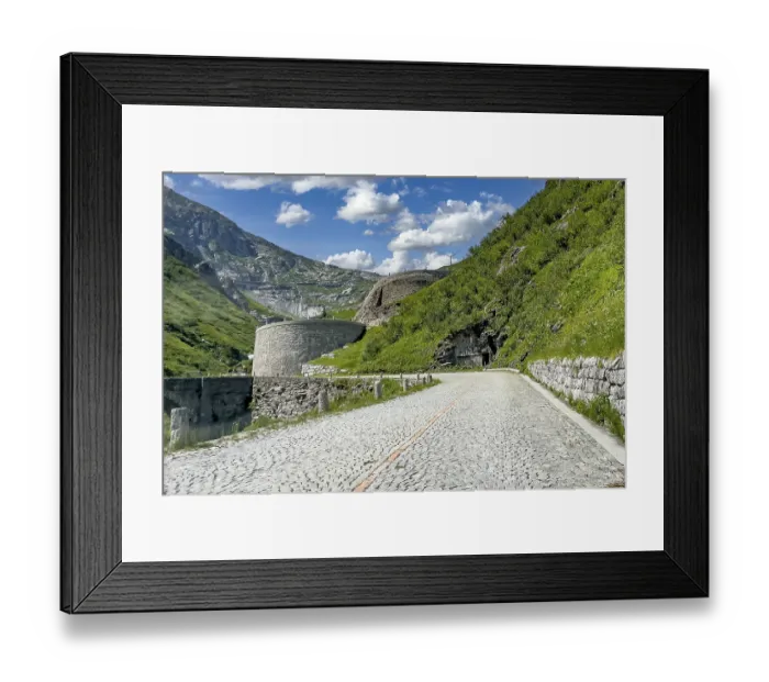 Framed Print : Part of southern ascent of south ramp of historic Gotthard pass road Tremola with cobblestones