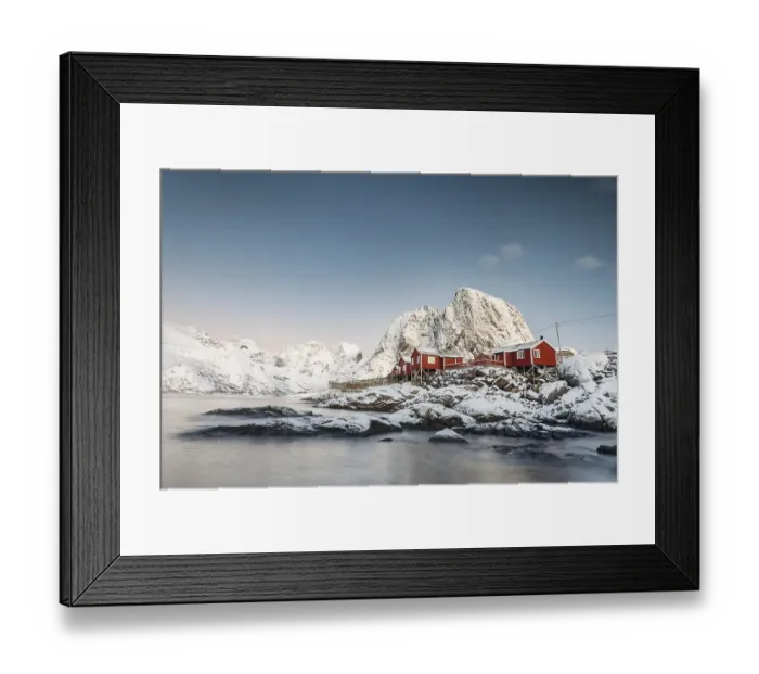 Framed Print : Town and fisherman's cabins or Rorbus in front of snowy mountains