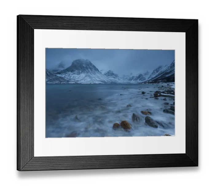 Framed Print : Winter landscape, mountainous coast at Grotfjord