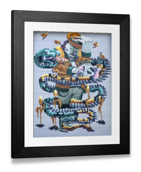 Framed Print : A man holding a hat, surrounded by pixelated snakes