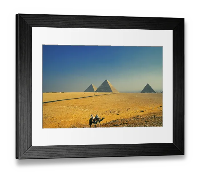 Framed Print : Bedouins on camels, Pyramids of Giza in the back Framed Print : Bedouins on camels, Pyramids of Giza in the back