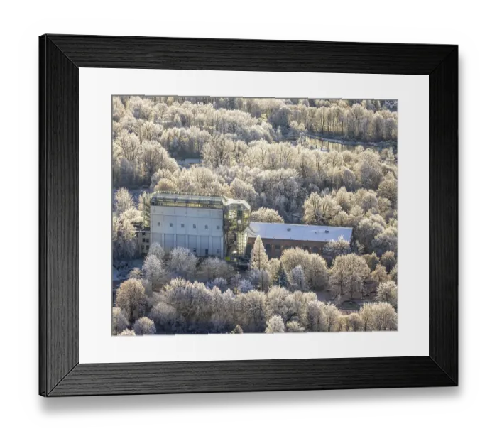 Framed Print : Aerial view, Winter Maximilianpark amusement park with glass elephant Framed Print : Aerial view, Winter Maximilianpark amusement park with glass elephant