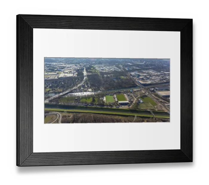 Framed Print : Aerial view, sports field Rot-WeiB Oberhausen at the river Emscher and Rhine-Herne-Canal as well as Kaisergarten
