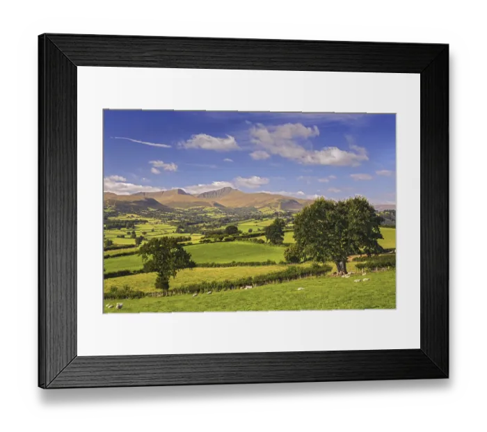 Framed Print : View of farmland with sheep grazing and hills in the distance