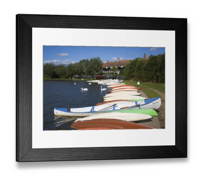 Framed Print : Colourful rowing boats on the Meare boating lake
