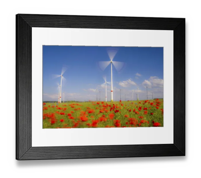 Framed Print : Wind farm, field with flower strips