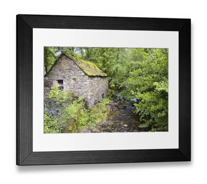 Framed Print : Stone house, stream in forest, Cevennes