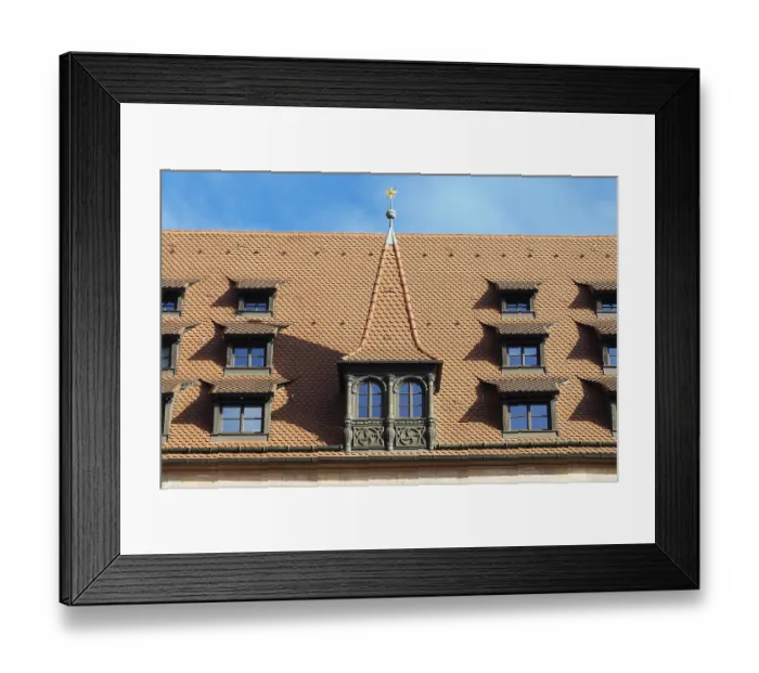Framed Print : Nuremberg, splendidly carved roof oriel with pointed helmet