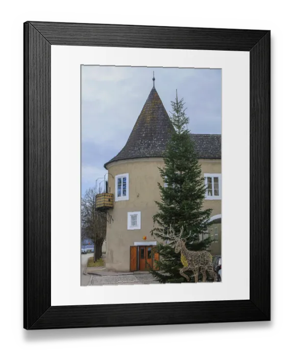 Framed Print : Tower on Schurerplatz, Christmas construction and illuminated reindeer Framed Print : Tower on Schurerplatz, Christmas construction and illuminated reindeer
