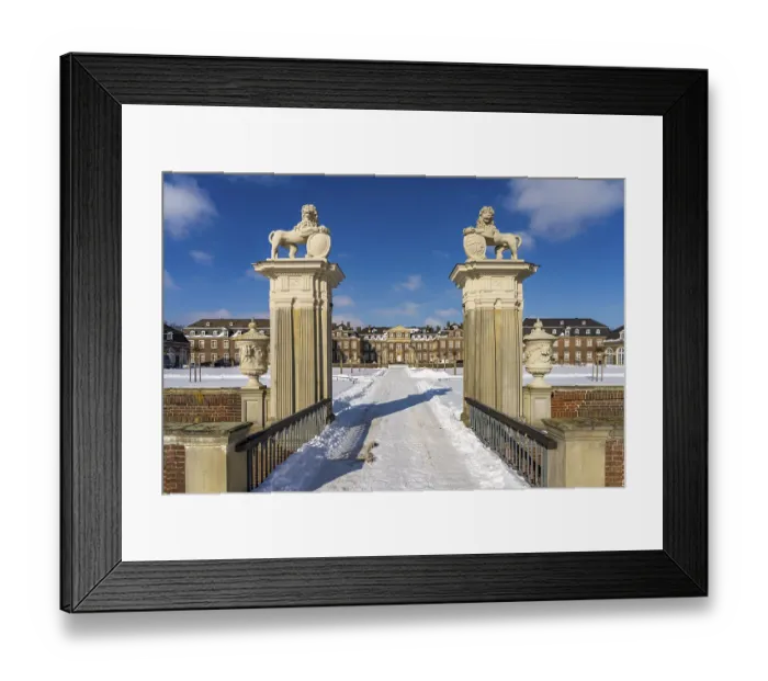 Framed Print : Portal to the snow-covered Nordkirchen Castle in winter