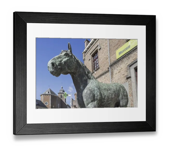 Framed Print : Statue of the stallion Brillant in front of Belgian Draught Horse Framed Print : Statue of the stallion Brillant in front of Belgian Draught Horse