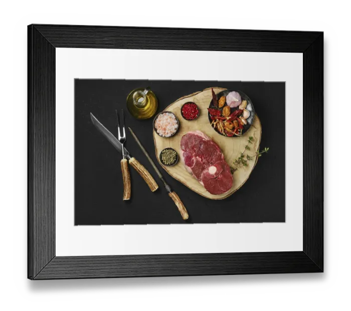 Framed Print : Top view of raw fresh lamb center cut leg steak with spice