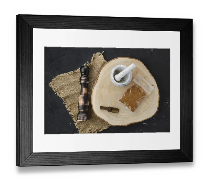 Framed Print : Top view of mixture of different spices in plastic packaging Framed Print : Top view of mixture of different spices in plastic packaging