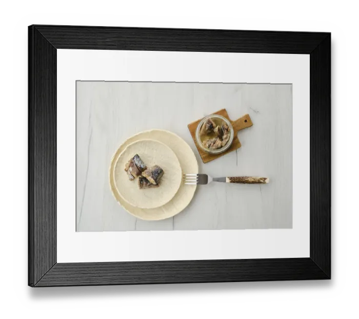 Framed Print : Top view of canned mackerel on a plate