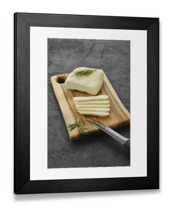 Framed Print : Homemade country style goat cheese on cutting board