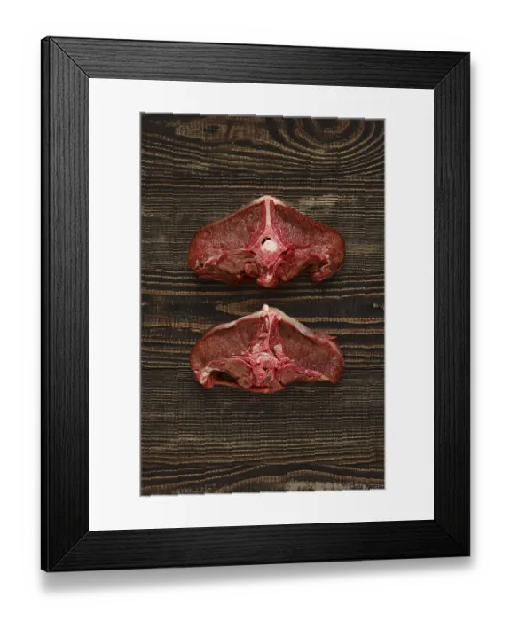 Framed Print : Overhead view of raw fresh deer backstrap over dark wooden background Framed Print : Overhead view of raw fresh deer backstrap over dark wooden background