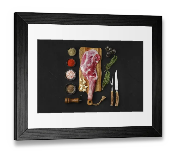 Framed Print : Raw peeled lamb shoulder ready for cooking on black background
