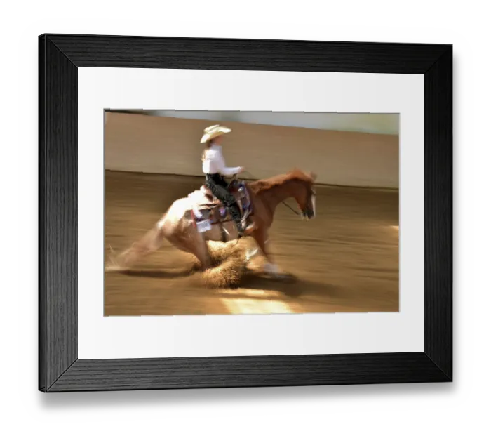 Framed Print : Long exposure of a lesson (manoeuvre) in the discipline of reining (western dressage) at a western show Framed Print : Long exposure of a lesson (manoeuvre) in the discipline of reining (western dressage) at a western show