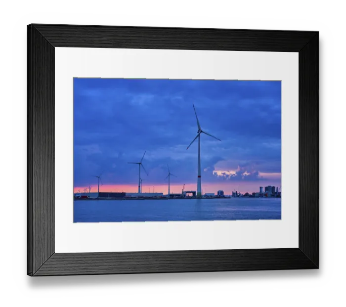 Framed Print : Wind turbines power electricity generators in Antwerp port in dusk Framed Print : Wind turbines power electricity generators in Antwerp port in dusk