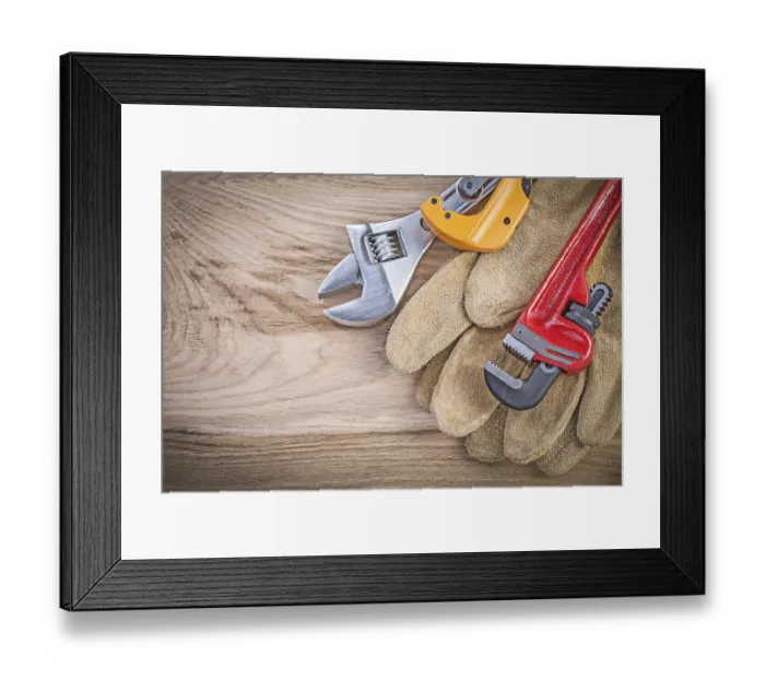Framed Print : Protective gloves adjustable key monkey wrench pipe cutter on wooden board plumbing concept Framed Print : Protective gloves adjustable key monkey wrench pipe cutter on wooden board plumbing concept