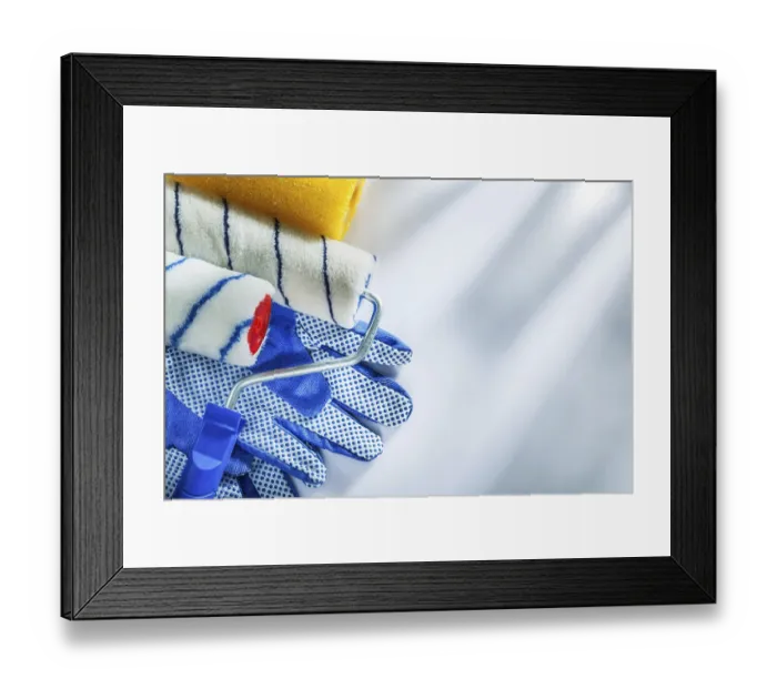 Framed Print : Pair of protective gloves paint rollers on white background