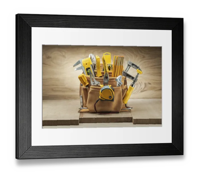 Framed Print : Leather tool belt with construction tools on wood backgeound Framed Print : Leather tool belt with construction tools on wood backgeound
