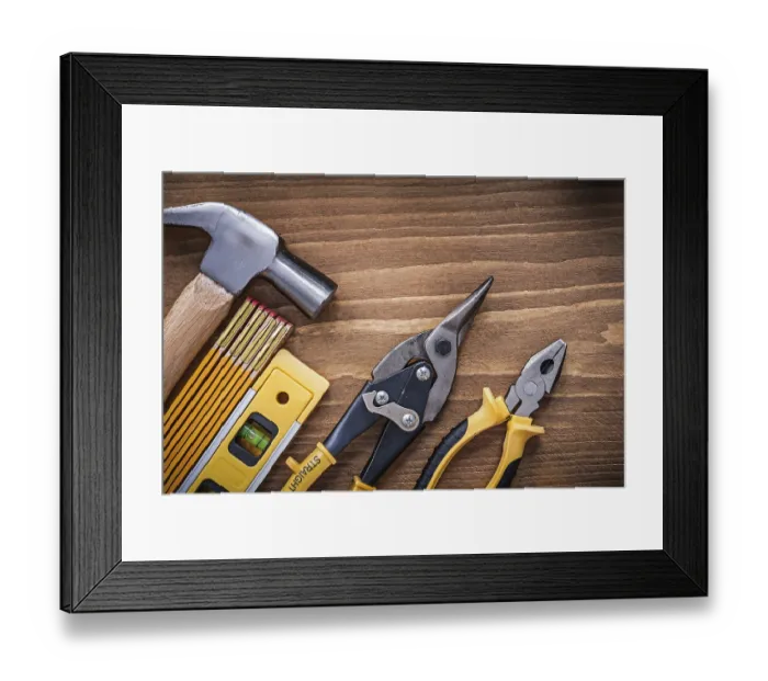 Framed Print : Pliers steel cutter construction level wooden meter claw hammer