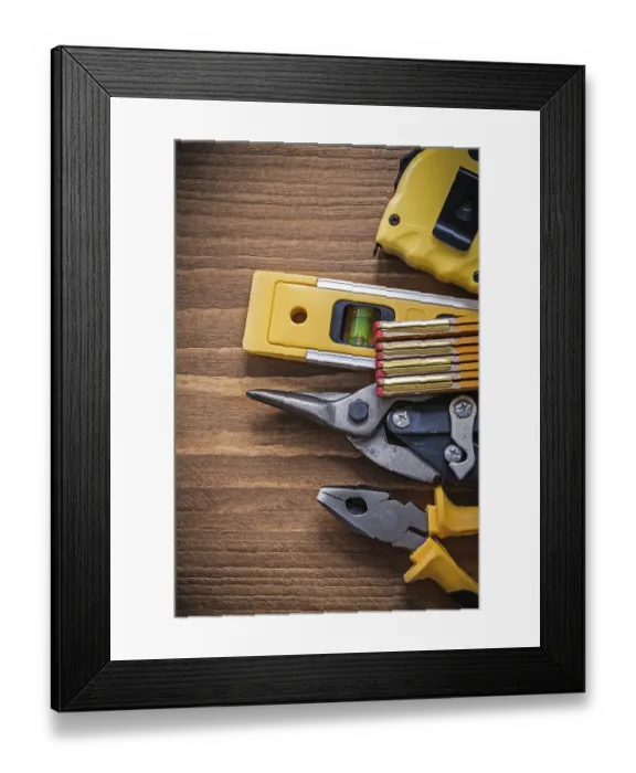 Framed Print : Set of pliers tape-measure steel cutter construction level wooden meter
